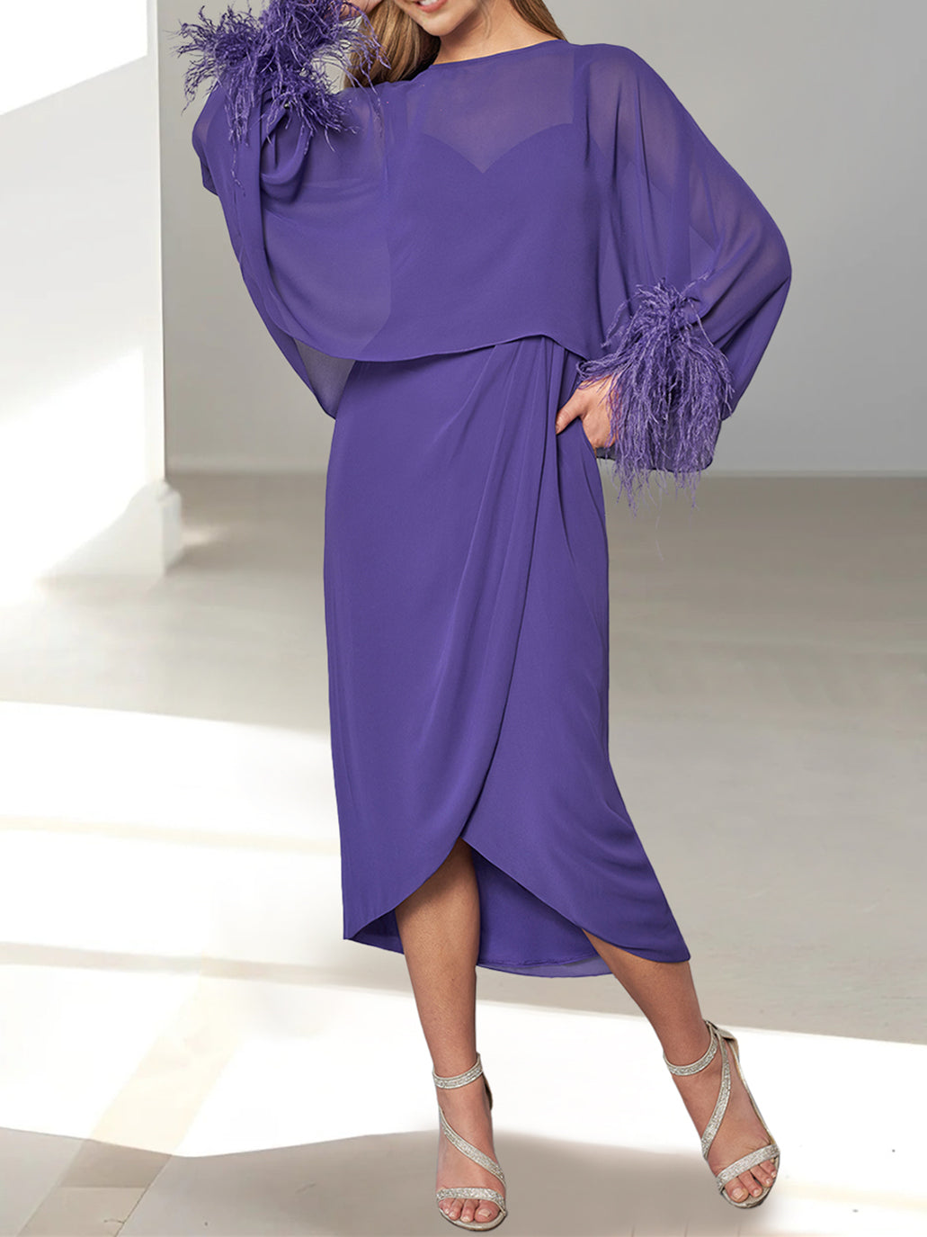 Feathered Jacket Tea-Length Mother of the Bride A-Line/Princess Dresses