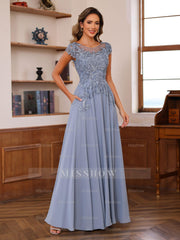 Floor-Length A-Line Mother of the Bride Dress with Scoop Neck and Short Sleeves Featuring Appliques