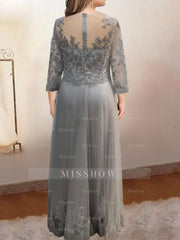 Floor-Length A-Line Mother of the Bride Dress with Sheer Neck and 3/4 Sleeves Featuring Applique