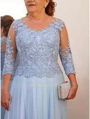Floor-Length A-Line Mother of the Bride Dress with Sheer Neck and 3/4 Sleeves Featuring Applique