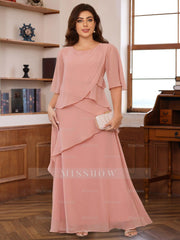 Floor-Length A-Line Princess Gown with Scoop Neck and Ruffled Half Sleeves