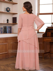 Floor-Length A-Line Princess Gown with Scoop Neck and Ruffled Half Sleeves