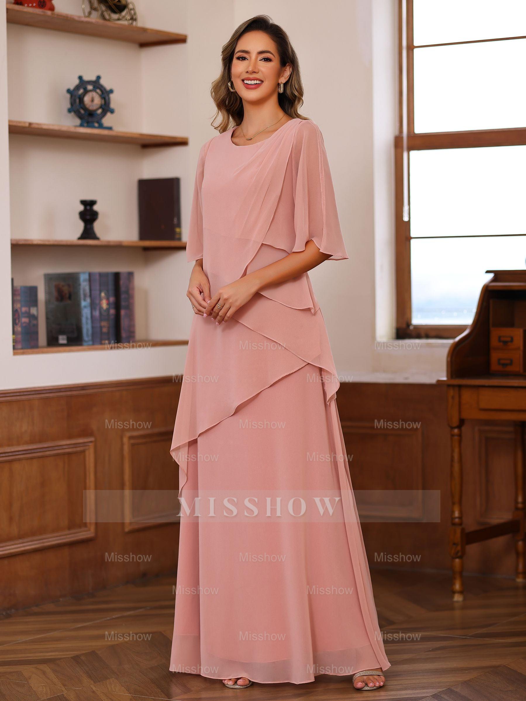 Floor-Length A-Line Princess Gown with Scoop Neck and Ruffled Half Sleeves