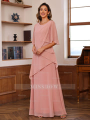 Floor-Length A-Line Princess Gown with Scoop Neck and Ruffled Half Sleeves