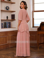 Floor-Length A-Line Princess Gown with Scoop Neck and Ruffled Half Sleeves
