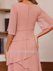 Floor-Length A-Line Princess Gown with Scoop Neck and Ruffled Half Sleeves