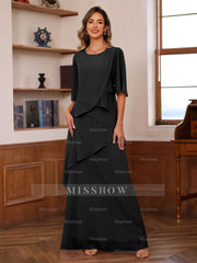 Floor-Length A-Line Princess Gown with Scoop Neck and Ruffled Half Sleeves