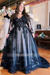Floor-Length A-Line Split Front Long Sleeves V-Neck Prom Evening Dresses with Appliques