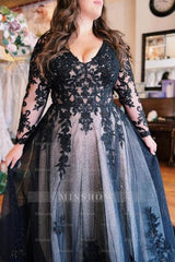 Floor-Length A-Line Split Front Long Sleeves V-Neck Prom Evening Dresses with Appliques
