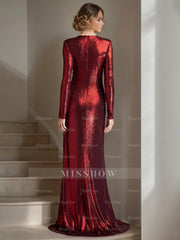Floor-Length Deep V-Neck Sheath Dress with Crisscross Pleated Long Sleeves for the Mother of the Bride