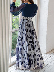 Floor-Length Floral Mother of the Bride Princess V-Neck A-Line Dress With Long Sleeves and Flower