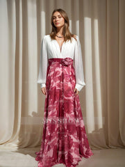 Floor-Length Floral Mother of the Bride Princess V-Neck A-Line Dress With Long Sleeves and Flower