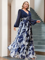 Floor-Length Floral Mother of the Bride Princess V-Neck A-Line Dress With Long Sleeves and Flower
