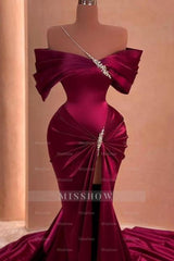 Floor-Length Mermaid Off-The-Shoulder Split Front Stain Prom Evening Dresses with Beadings