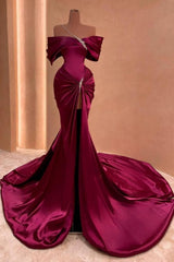 Floor-Length Mermaid Off-The-Shoulder Split Front Stain Prom Evening Dresses with Beadings