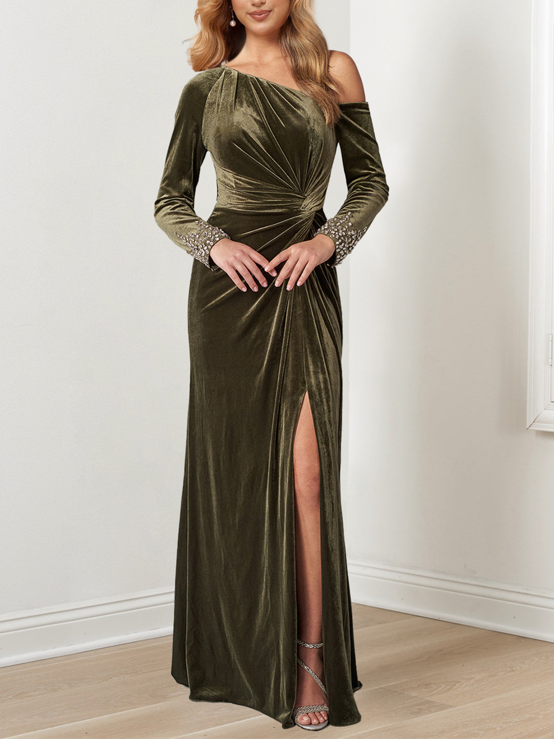 Floor-Length Mother of the Bride A-Line Dress with Beaded Cuffs and Asymmetrical Neckline
