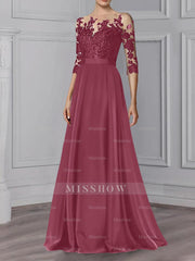 Floor-Length Mother of the Bride A-Line Dress with Jewel Neck and 3/4 Sleeves