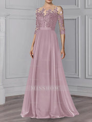 Floor-Length Mother of the Bride A-Line Dress with Jewel Neck and 3/4 Sleeves