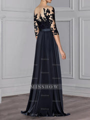 Floor-Length Mother of the Bride A-Line Dress with Jewel Neck and 3/4 Sleeves
