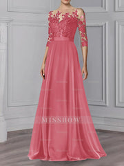 Floor-Length Mother of the Bride A-Line Dress with Jewel Neck and 3/4 Sleeves