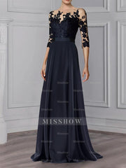 Floor-Length Mother of the Bride A-Line Dress with Jewel Neck and 3/4 Sleeves