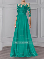 Floor-Length Mother of the Bride A-Line Dress with Jewel Neck and 3/4 Sleeves