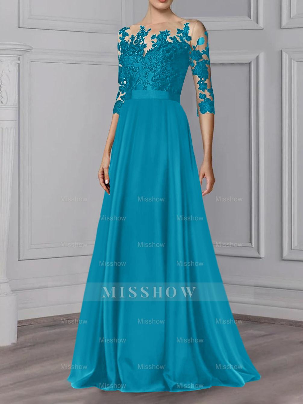 Floor-Length Mother of the Bride A-Line Dress with Jewel Neck and 3/4 Sleeves