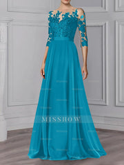 Floor-Length Mother of the Bride A-Line Dress with Jewel Neck and 3/4 Sleeves