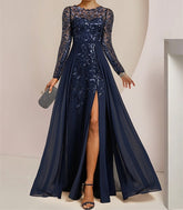 Floor-Length Mother of the Bride A-Line Dress with Scoop Neck Long Sleeves Side Split Ruffles and Sequins