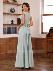 Floor-Length Mother of the Bride A-Line Dress with Scoop Neck and Ruffled Short Sleeves