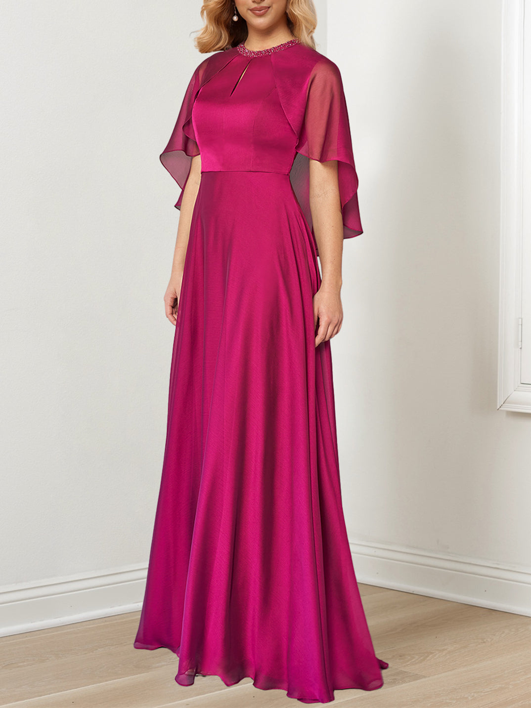 Floor-Length Mother of the Bride A-Line/Princess Dress with Hand-Beaded Jewel Neckline