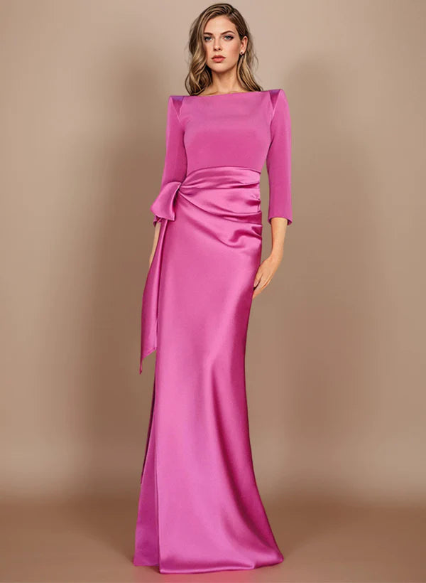Floor-Length Mother of the Bride Dress with Bow and 3/4 Sleeves in Sheath/Column Style