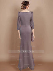 Floor-Length Plus Size Mother of the Bride Dress with Bow and 3/4 Sleeves