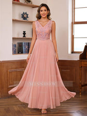 Floor-Length Princess V-Neck Mother of the Bride A-Line Dress with Appliques & Wrap in 2 Pics