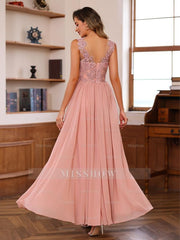 Floor-Length Princess V-Neck Mother of the Bride A-Line Dress with Appliques & Wrap in 2 Pics