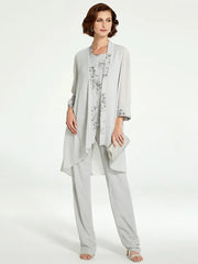 Floor-Length Round Neck Chiffon Pantsuits with Jacket for the Mother of the Bride