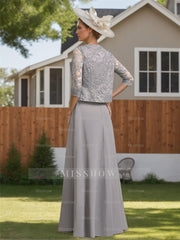 Floor-Length Scoop Neck Chiffon Gown with Lace and Half Sleeves for the Mother of the Bride