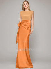 Floor-Length Sleeveless Mother of the Bride Dress with Bow and Shoulder Pad