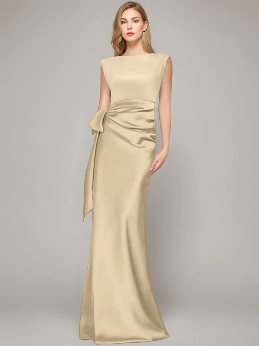 Floor-Length Sleeveless Mother of the Bride Dress with Bow and Shoulder Pad