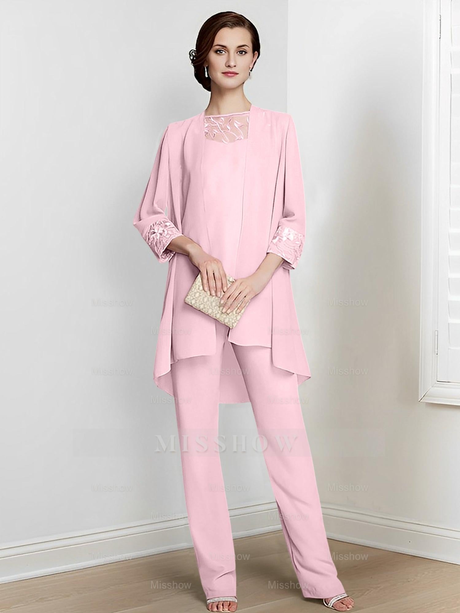 Floor-Length Square Neck Chiffon Pantsuit With Long Sleeves and Jacket for the Mother of the Bride