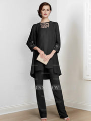 Floor-Length Square Neck Chiffon Pantsuit With Long Sleeves and Jacket for the Mother of the Bride