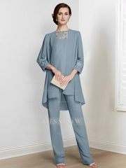 Floor-Length Square Neck Chiffon Pantsuit With Long Sleeves and Jacket for the Mother of the Bride