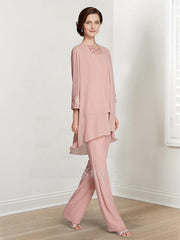 Floor-Length Square Neck Chiffon Pantsuit With Long Sleeves and Jacket for the Mother of the Bride
