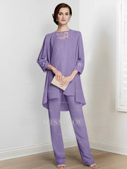 Floor-Length Square Neck Chiffon Pantsuit With Long Sleeves and Jacket for the Mother of the Bride