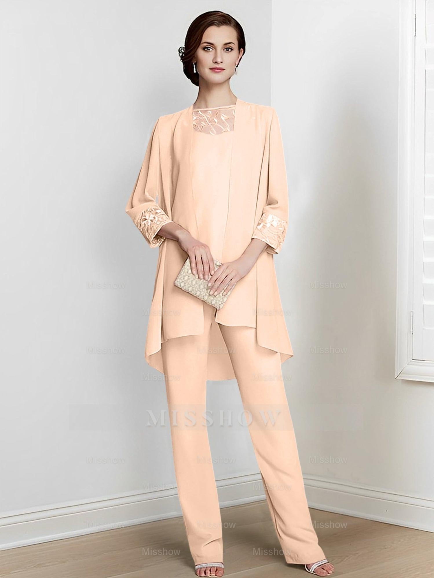 Floor-Length Square Neck Chiffon Pantsuit With Long Sleeves and Jacket for the Mother of the Bride