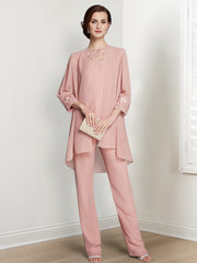 Floor-Length Square Neck Chiffon Pantsuit With Long Sleeves and Jacket for the Mother of the Bride