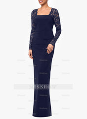 Floor-Length Square Neck Jersey Gown with Long Sleeves and Lace