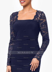 Floor-Length Square Neck Jersey Gown with Long Sleeves and Lace