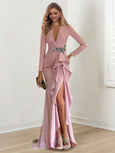 Floor-Length V-Neck Long Sleeve Sheath Dress with Crepe Beading for the Mother of the Bride