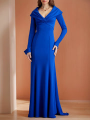 Floor-Length V-Neck Mermaid/Trumpet Mother of the Bride Dress with Ruffled Long Sleeves